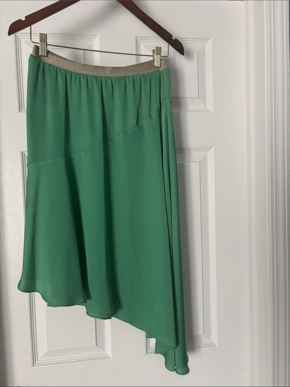 leifsdottir Green/Emerald Asymmetric Hem Skirt with Gold Waistband